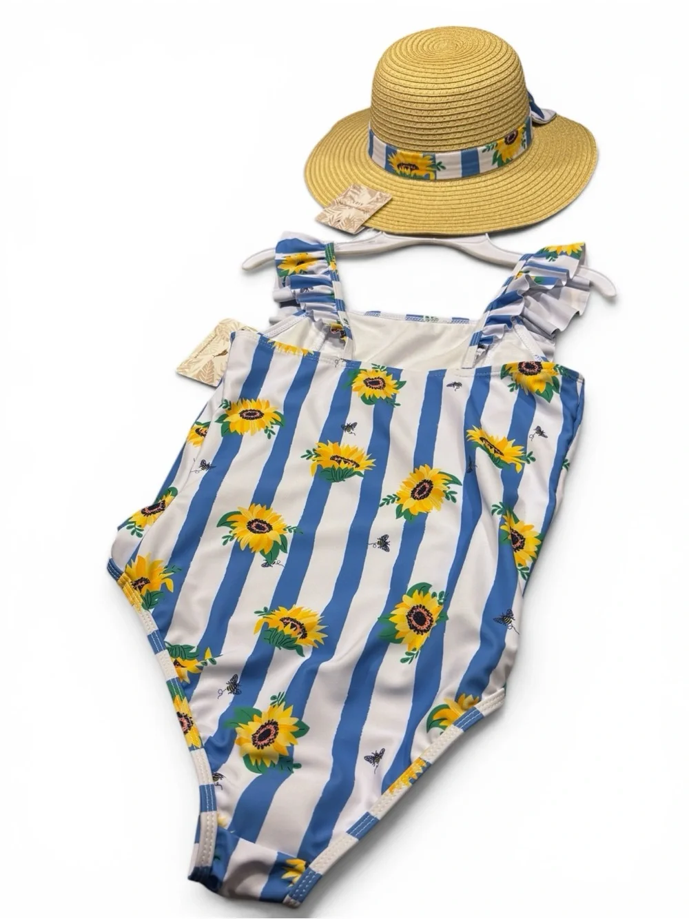 Tommy Bahama Kids Sunflower Stripe Ruffle One-Piece Swimsuit & Matching Hat NWT